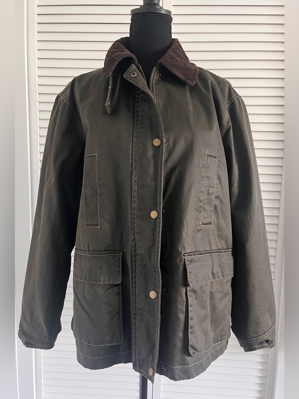 Zara Waxed Dark Olive Utility Jacket with Brown Corduroy Collar Small